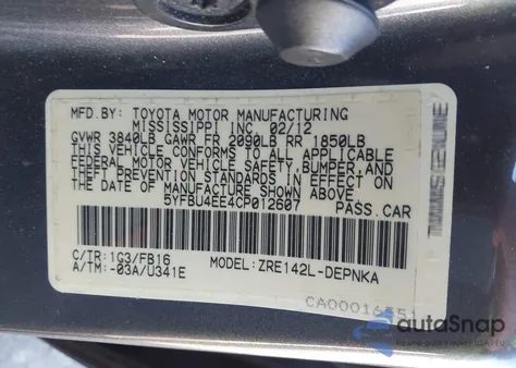 2012 Toyota Corolla Le z USA, uszkodzony, nr VIN 5YFBU4EE4CP012607